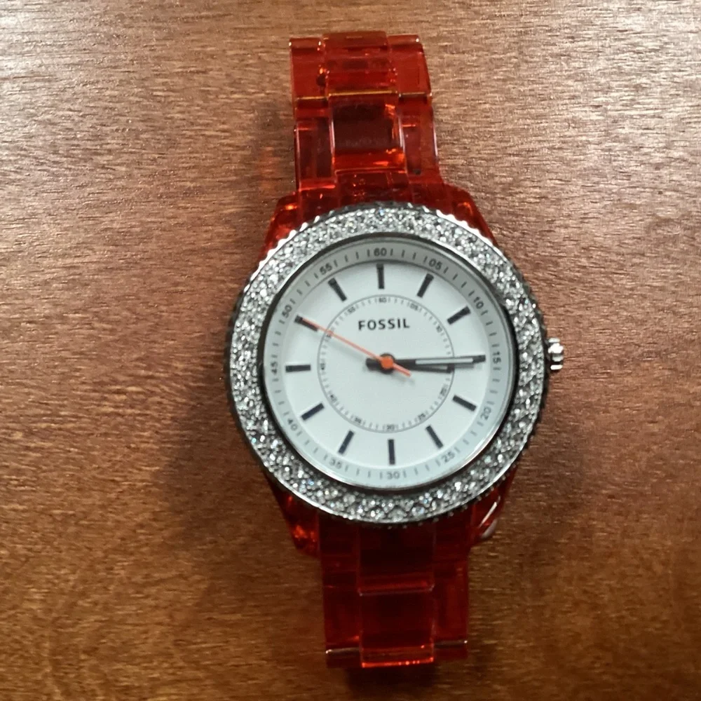 Fossil Stella Orange Acrylic Women’s Watch With Crystal Accented Bezel ES 2453